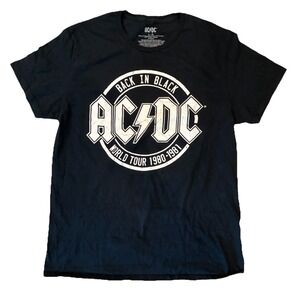 AC/DC Back In Black World Tour 1980-1981 Graphic T-Shirt Mens Large Black Cotton